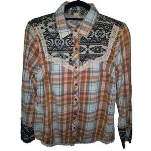 Gimmiks BKE Womens Plaid Button-Up Shirt Lace Aztec Small